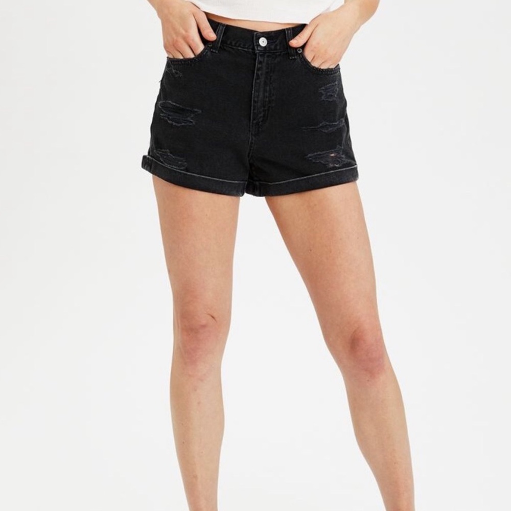 american eagle | mom shorts black denim distressed high waist 14